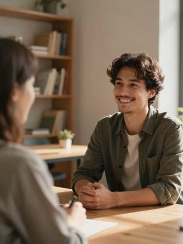 Candid medium-shot of a friendly interview in a cozy, Scandinavian-inspired office with warm wood tones and soft natural light streaming through a window.