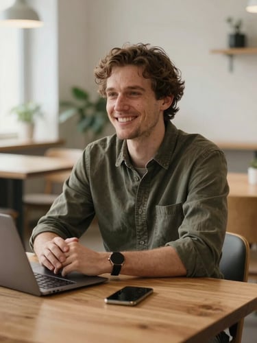 Warm candid medium shot of a candidate sitting in a cozy Scandinavian-inspired workspace with natural wood tables and soft daylight, smiling genuinely during an interview.