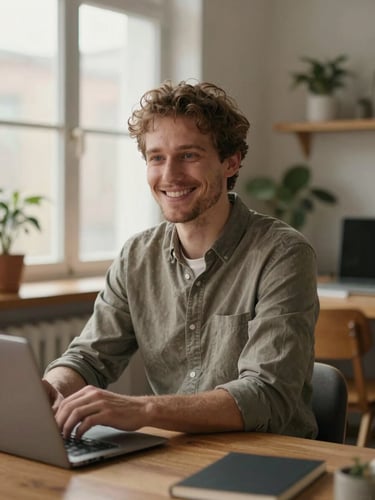 Medium shot of a smiling candidate in a cozy, Scandinavian-inspired workspace with warm wood tones and soft, natural window light.