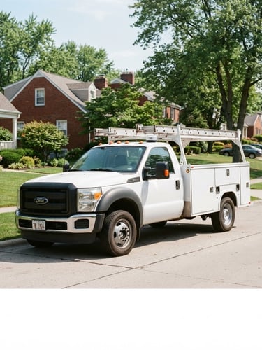 A clean service truck parked on a sunlit residential street in Normal, Illinois, sharp commercial photography, high contrast, 35mm