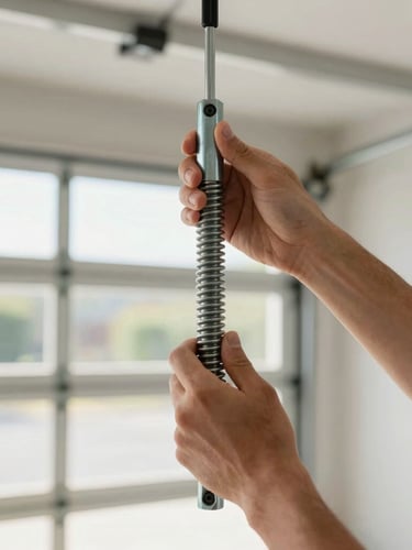 Close-up of hands adjusting a heavy-duty steel torsion spring on a garage door, bright natural daylight, clean garage interior, 35mm