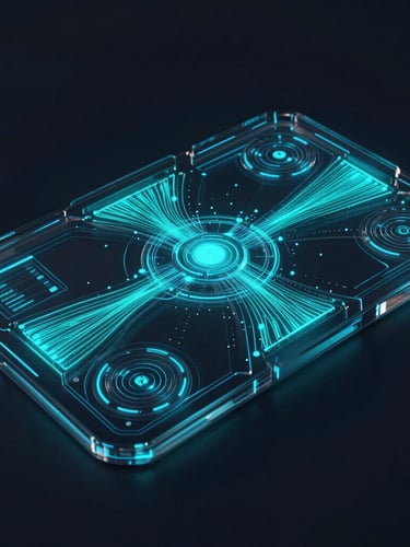 Futuristic 3D render of a dark glassmorphic dashboard interface, neon cyan data flows, electric blue glowing nodes, isometric view, octane render, clean composition