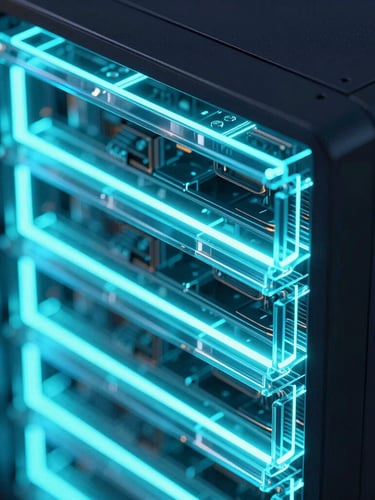 Macro detail of server hardware glowing with neon cyan light, ultra-detailed glassmorphism, cinematic