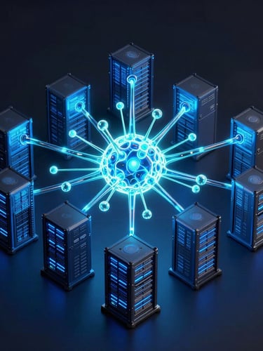 isometric 3D render of glowing neural network nodes and server racks, dark obsidian background, electric blue and neon cyan light paths, ultra-detailed glassmorphism, octane render