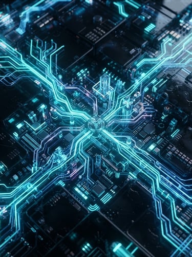 Macro close-up of high-fidelity server hardware nodes, glowing neon cyan neural pathways cutting through dark obsidian glass, cinematic octane render, 3D render