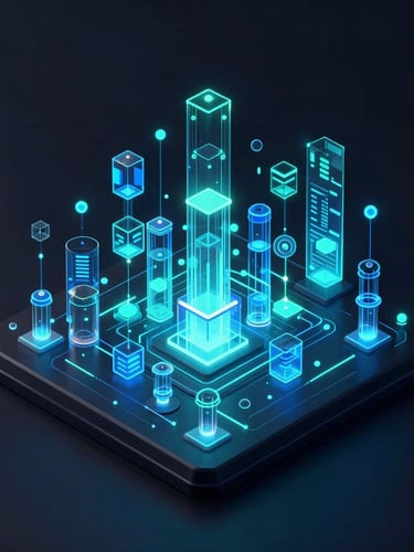Isometric view of a sleek dark-themed database monitoring interface, glowing neon cyan and electric blue nodes, ultra-detailed glassmorphism, octane render.