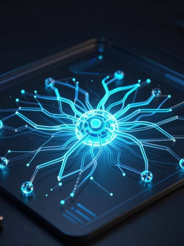 Futuristic 3D render of a sleek dark-themed software dashboard UI mockup with glowing neural pathways, high-contrast cinematic lighting with neon cyan and deep blue emissive glows, ultra-detailed glassmorphism, octane render
