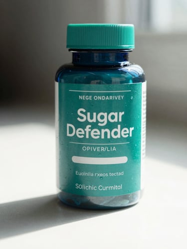 Close-up of a Sugar Defender supplement bottle standing upright on a clean white surface, shot in bright indirect daylight from a low angle, label facing forward, teal-green tones in background, sharp product detail, no props