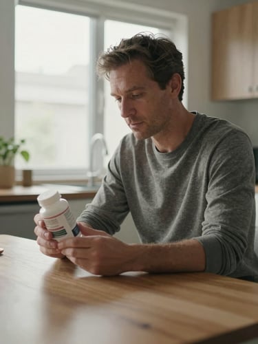 Medium shot of a man in his early fifties sitting at a kitchen table in natural window light, reading the label on a supplement bottle, expression focused and unhurried, wearing casual everyday clothing, no props or staging