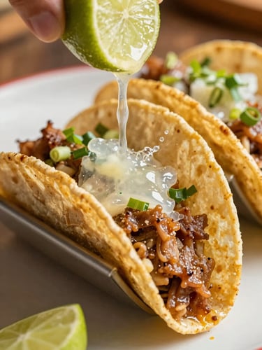 Close-up macro shot of a gourmet street taco being assembled, lime juice spraying in dramatic natural light, rich saturated tones, shallow depth of field, 35mm