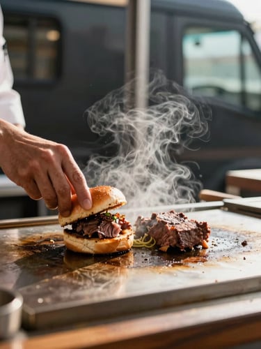 Side profile of a chef searing premium wagyu beef sliders on a flat top grill inside a modern food truck, steam rising, dramatic natural light, shallow depth of field.
