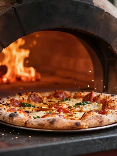 A close-up macro shot of a wood-fired pizza sliding out of a glowing brick oven, sparks flying, rich saturated colors, warm editorial tone, 35mm.