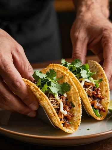 Macro close-up of a chef's hands carefully plating gourmet street tacos with fresh cilantro and lime, dramatic side lighting, shallow depth of field, warm rich tones.