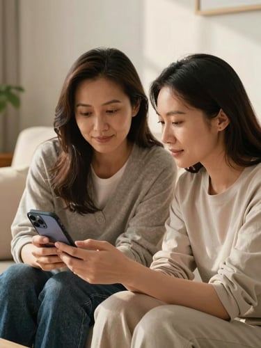 Medium shot of an adult daughter and her partner seated on a sofa in warm afternoon light, both looking genuinely at a smartphone screen showing an elderly parent's daily feed update — soft diffuse interior light, faces visible with real focus