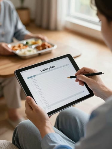 Close medium shot from above, a care-home staff member's hands holding a tablet in a sunlit resident room, updating a daily log entry — warm natural window light, a meal tray visible in soft background focus