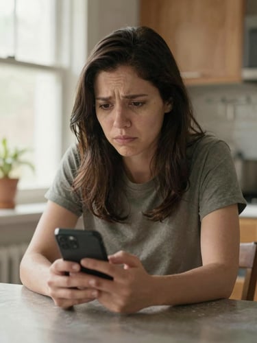 Medium shot of an adult daughter seated at a kitchen table, holding a smartphone with both hands, her expression a mix of worry and concentration, warm afternoon window light, natural documentary framing, no staged smile