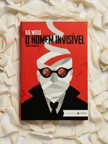 The Invisible Man book by H.G. Wells with red cover and bandage illustration on white fabric.