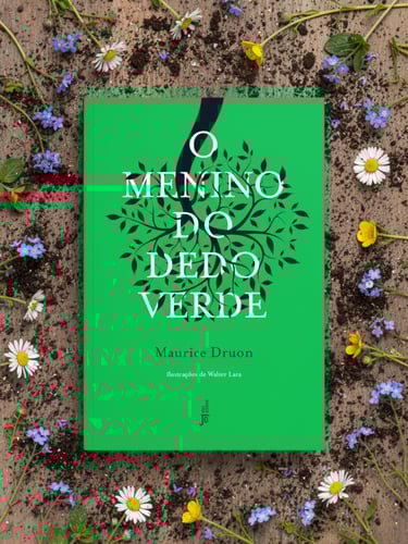 Green cover of O Menino do Dedo Verde book by Maurice Druon surrounded by fresh daisies and soil.
