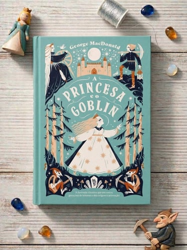 Illustrated book cover of A Princesa e o Goblin by George MacDonald with fantasy characters and gemstones.