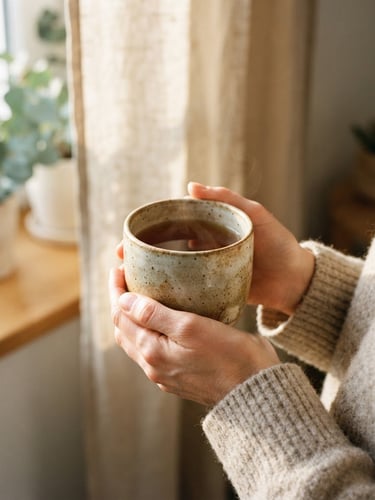 Close-up of hands holding a textured ceramic mug filled with warm tea, soft morning sunlight filtering through linen curtains, warm organic photography, muted earth tones, minimalist composition.