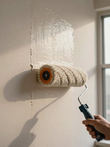 Painter's roller mid-stroke on a prepared wall surface, even coat being applied, close angular view showing the wet paint edge meeting the primed surface below, warm natural daylight from a side window