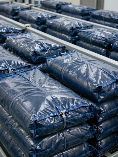 Close-up portrait of automated packaging lines sealing high-strength woven polypropylene bulk bags of activated carbon in a clean industrial warehouse, cool daylight