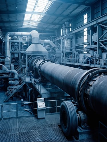 Wide-angle industrial rotary kiln inside an activated carbon manufacturing facility, cool crisp daylight, sharp focus, technical blue tones.