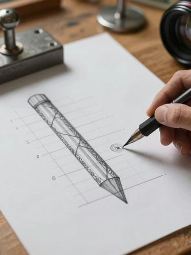 Close-up of pattern paper with technical pencil markings, grading lines, and heavy metal pattern weights on a worn oak drafting table.