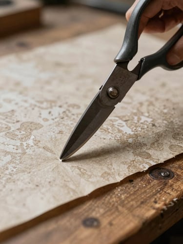 Macro shot of heavy metal fabric shears cutting precisely through a piece of natural textured pattern paper on a wooden workbench, soft diffused lighting.