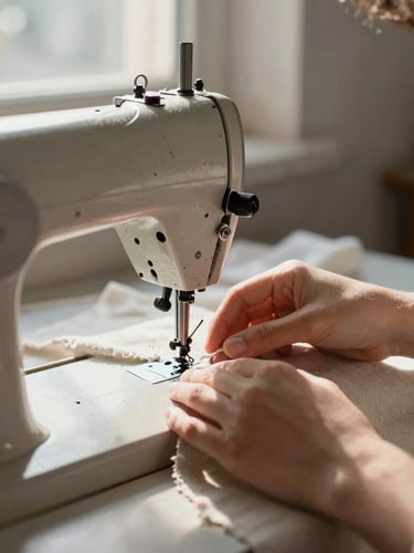 Close-up of a seamstress's hands guiding raw linen fabric through a vintage sewing machine, warm sunlight streaming through a workshop window, soft shadows.