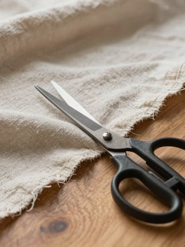 Tight macro shot of heavy linen fabric being precisely cut with steel shears on a solid oak drafting table, soft afternoon light.