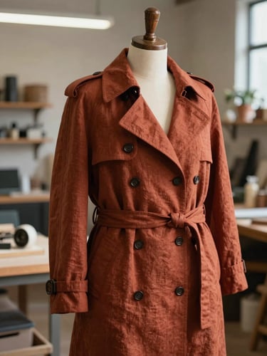 Portrait orientation of a muted rust linen trench coat draped on a wooden mannequin in a sunlit Salem workshop.