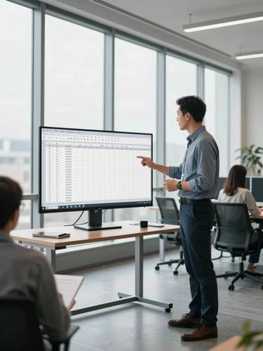 Wide office environment, a trainer at a standing desk reviewing a large monitor displaying an Excel spreadsheet, daylight from tall windows, colleague visible in background at a conference table, clean corporate setting, no eye contact