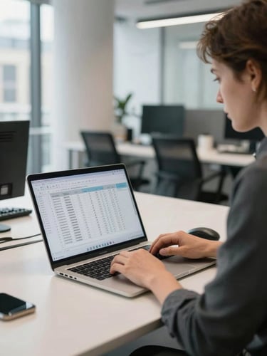 Wide environmental shot, a professional at a clean desk in a modern London office, laptop screen showing a spreadsheet in close foreground, natural daylight from left, person mid-task with focused attention, no eye contact, office context visible in soft background