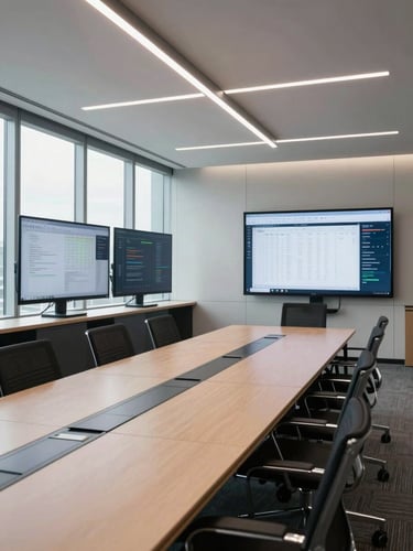 Wide panoramic view of a modern corporate conference room from the far end, multiple large monitors displaying spreadsheets and data dashboards, empty chairs around a long table, clean daylight from floor-to-ceiling windows on the left, no people visible, pure workplace environment