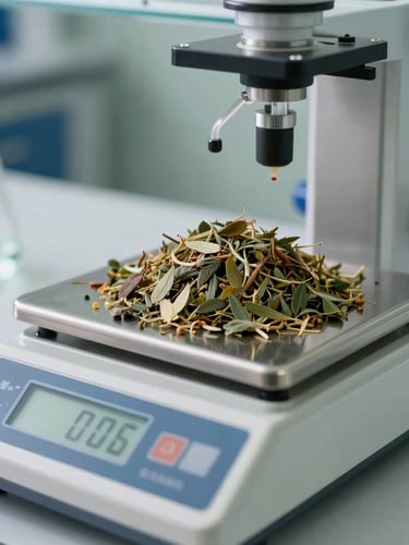 Close-up of a high-precision digital scale in a modern chemical laboratory, measuring raw plant-based feedstocks, soft natural daylight, sharp focus.