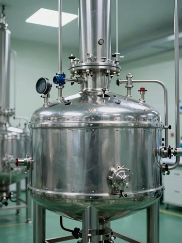 Portrait view of modern industrial chemical scale-up equipment, stainless steel bioreactors with clean piping, cool crisp laboratory lighting, sharp focus, 35mm lens