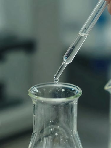 Macro close-up of a clear high-purity chemical liquid being precisely pipetted into a laboratory flask, crisp cool lighting, technical depth of field.