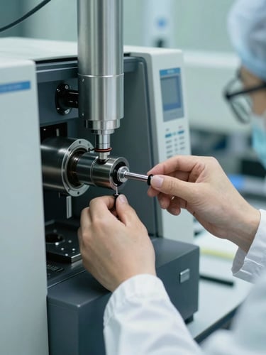 Close-up of a scientist in cleanroom attire adjusting a gas chromatography mass spectrometer, sharp focus, cool crisp laboratory lighting, stainless steel accents