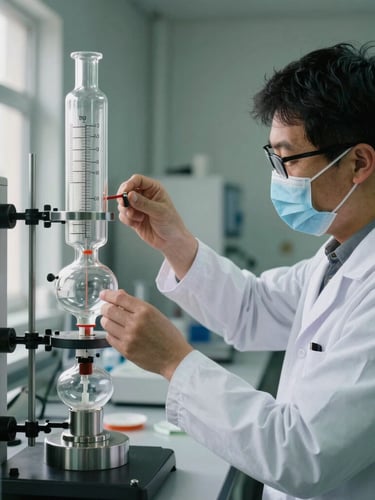 A professional laboratory technician in cleanroom attire adjusting a glass scale-up distillation column, soft natural light, technical grid aesthetic