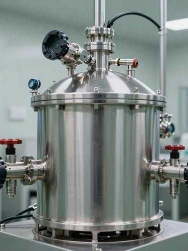 Modern stainless steel bioreactor setup in a cleanroom facility, cool technical lighting, sharp focus on engineering valves