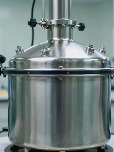 Close-up of a modern stainless steel bioreactor in a cleanroom laboratory, cool crisp lighting, sharp focus, 35mm lens