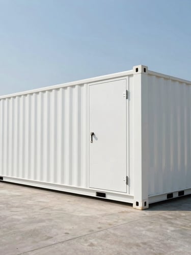 Wide shot of a containerized industrial battery energy storage system, white metal container, clean concrete pad, bright daylight