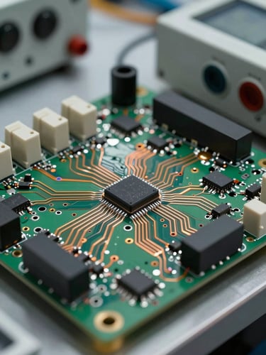 Close-up of industrial hybrid controller circuit board, clean-room assembly, high-contrast daylight, copper traces and solid-state relays visible