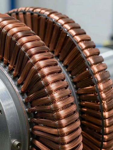 Macro close-up of heavy copper generator windings inside a wind turbine stator, bright industrial clean-room lighting highlighting the precise copper wire paths