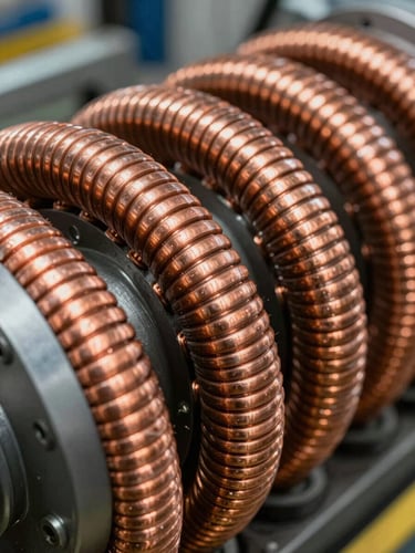 Macro-detail shot of heavy copper generator windings inside an industrial factory, bright clean lighting, sharp focus on structured copper coils.