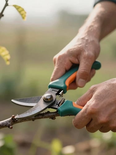 Portrait shot of a professional landscaper's hands using clean, sharp shears to prune a branch, focus on the clean cut, natural morning light.