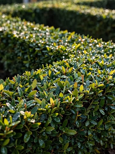 Close-up of clean, sharp pruning cuts on a structured boxwood hedge, early morning sun highlighting dew drops and precise organic lines, editorial photography.