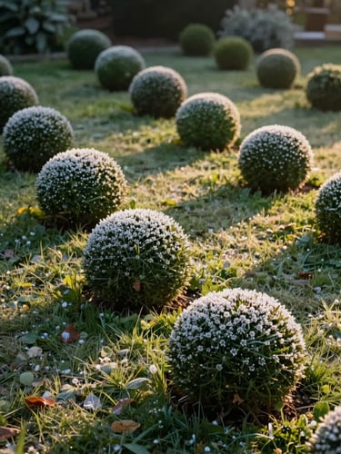Photographie verticale d'un jardin structuré en Haute-Garonne à l'aube, buis taillés en sphères parfaites, rosée du matin sur une pelouse impeccablement tondue, lumière rasante dorée.