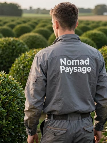 Un paysagiste professionnel de dos, portant une tenue de travail propre et marquée Nomad Paysage, taillant une haie de buis parfaitement structurée à l'aube.
